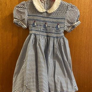 Striped Blue and White Girl Smocked Sailboat Dress with Embroidery